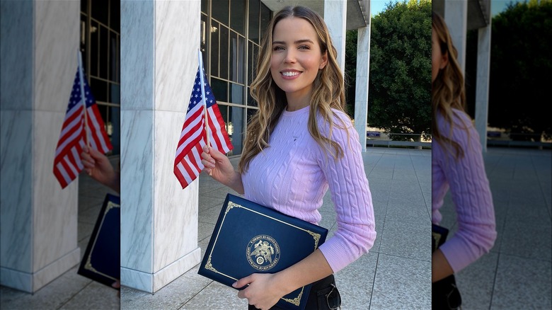 actor Sofia Mattsson holding American flag