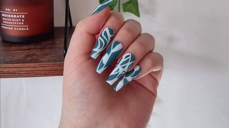 long green nails with white design