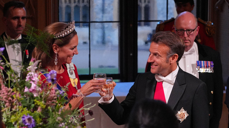 Catherine, Princess of Wales, and Emmanuel Macron cheers at the State Banquet at Windsor Castle, July 8, 2025