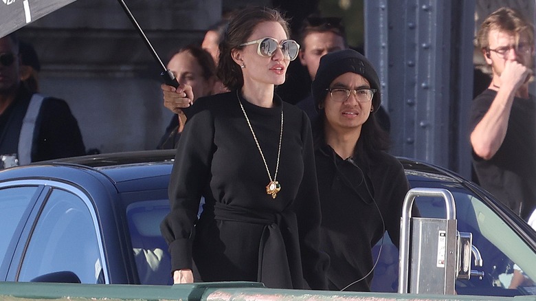 Angelina Jolie and Maddox Jolie-Pitt on set 