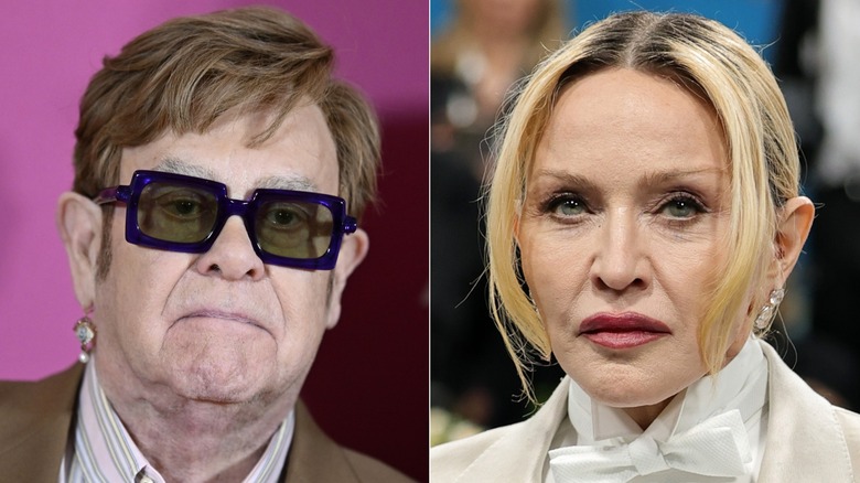 Split image of Elton John and Madonna looking grumpy
