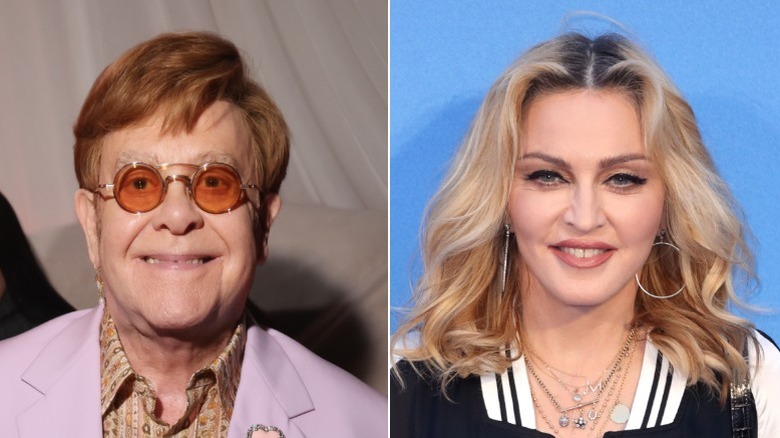 Split image of Elton John and Madonna smiling