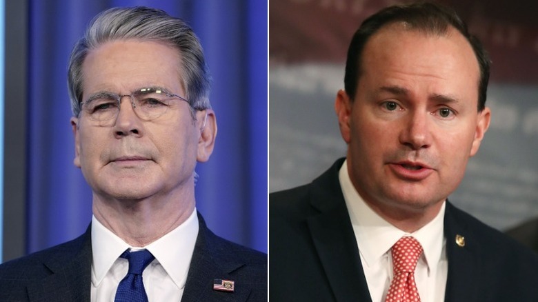 A split image of Scott Bessent and Mike Lee