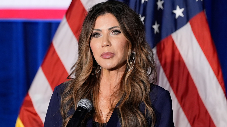 U.S. Homeland Security Secretary Kristi Noem speaks at the Citadel Patriot Dinner at the Citadel on November 6, 2025 in Charleston, South Carolina.