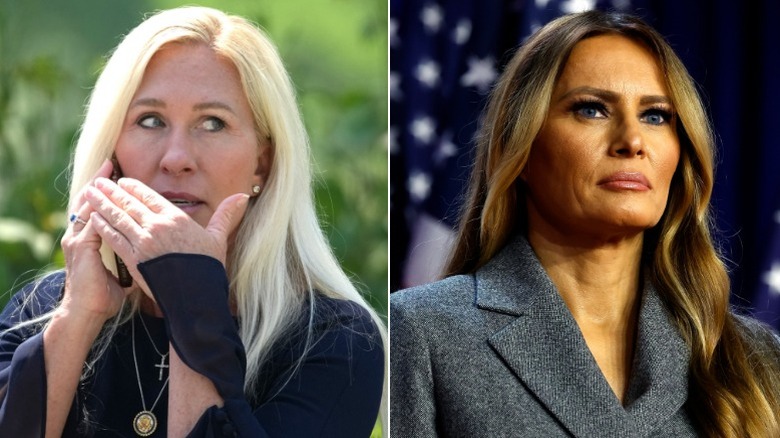 Split image of Marjorie Taylor Greene on the phone and Melania Trump looking grumpy