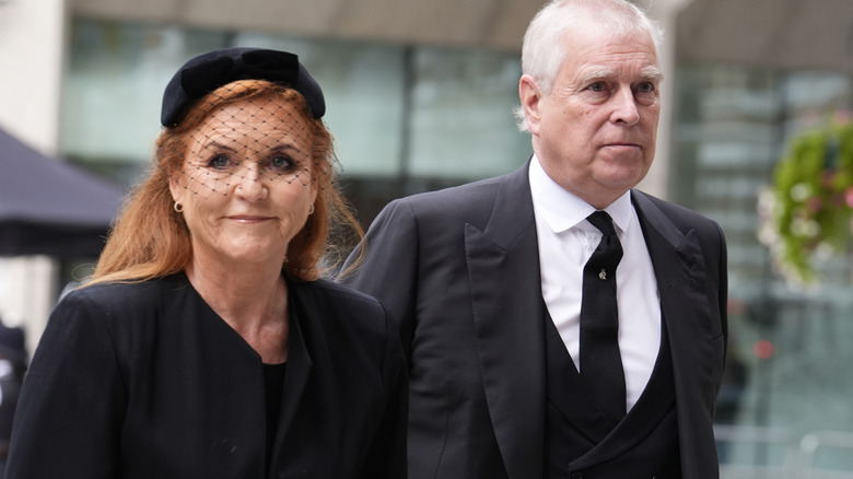Sarah Ferguson and Prince Andrew arriving at the Duchess of Kent's funeral