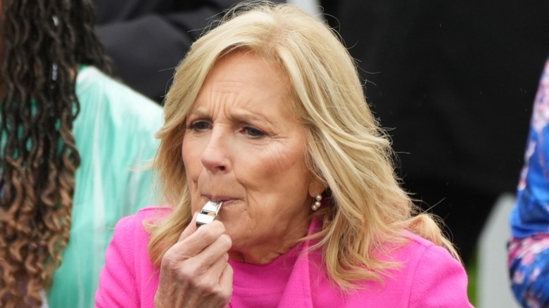 Jill Biden blows a whistle during the White House Easter Egg Roll in Washington, DC (2024)