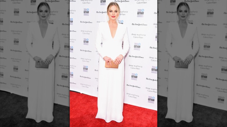 Margot Robbie at the Gotham Independent Film Awards in a plunging, floor-length white gown