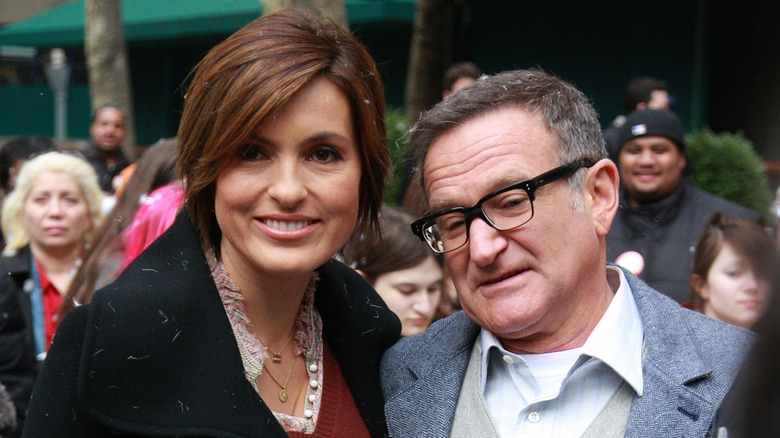 Mariska Hargitay and Robin Williams on location in Bryant Park for "Law & Order: Special Victims Unit" in New York City on March 28, 2008.