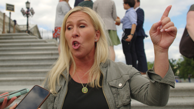 Marjorie Taylor Greene speaking to reporters outside Congress