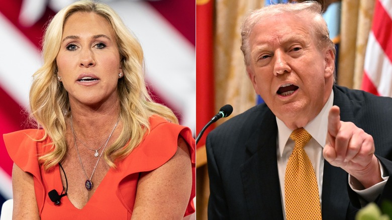 Marjorie Taylor Green and Donald Trump speaking in split image