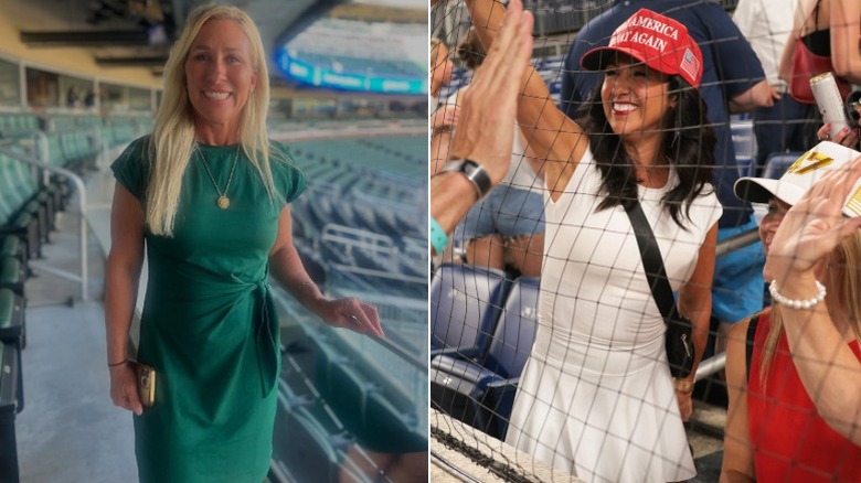 Split image of Marjorie Taylor Greene in a green dress and Lauren Boebert in a white dress