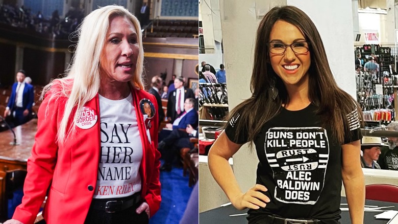Side-by-side photos of Marjorie Taylor Green and Lauren Boebert wearing inappropriate outfits