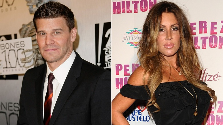 A photo of Boreanaz in a black jacket next to a photo of Rachel Uchitel posing in a black dress