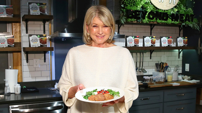 Martha Stewart prepares the Spicy Beyond Breakfast Sausage with Creamy Grits and Roasted Tomatoes on March 10, 2020 in New York City.