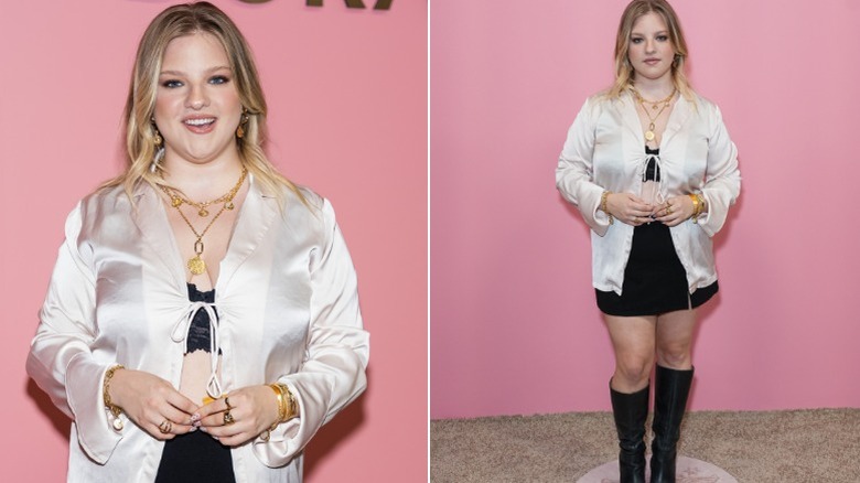 Split image of Francesca Scorsese in silk white top and black miniskirt with several gold bracelets and necklaces
