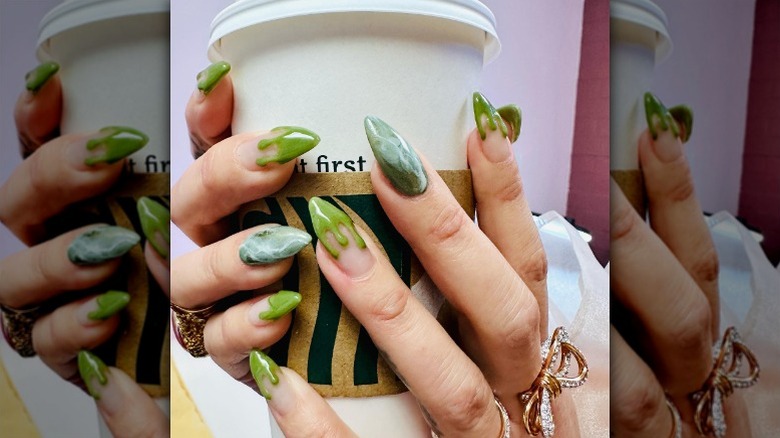 textured matcha latte nails holding coffee
