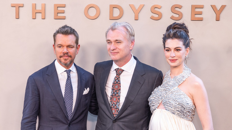 Christopher Nolan, Matt Damon, and Anne Hathaway at the New York premiere of "The Odyssey" on July 14, 2026