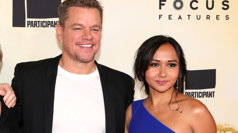 Matt Damon and Alexia Barroso smiling at the New York Premiere of Stillwater