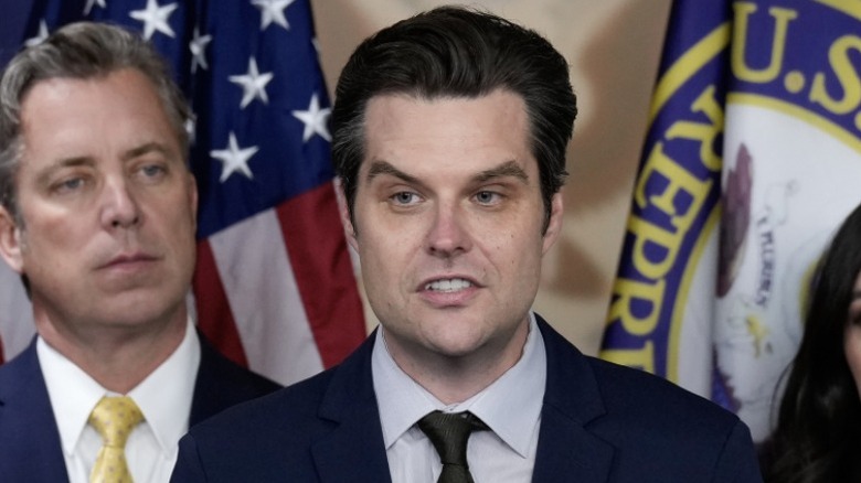 Matt Gaetz speaks during a news conference on Capitol Hill in Washington, DC (2023)