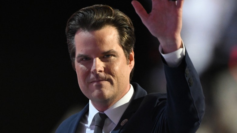 Matt Gaetz waves on stage from the Republican National Convention in Milwaukee, WI (2024)