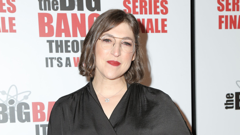 Mayim Bialik smiling at "The Big Bang Theory" series finale party in 2019
