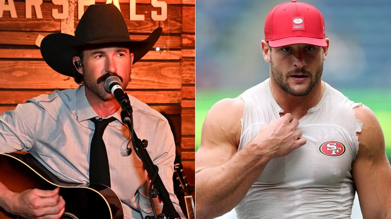 Split image of Riley Green and Nick Bosa