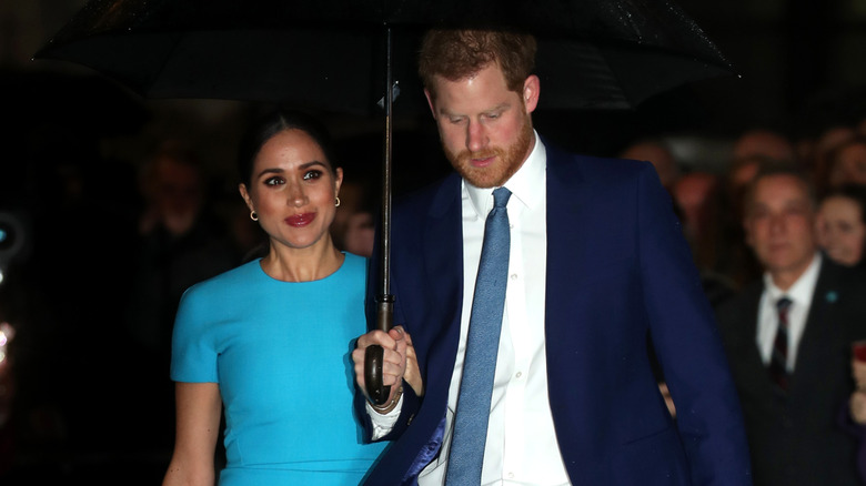 Meghan Markle blue dress Prince Harry carrying umbrella