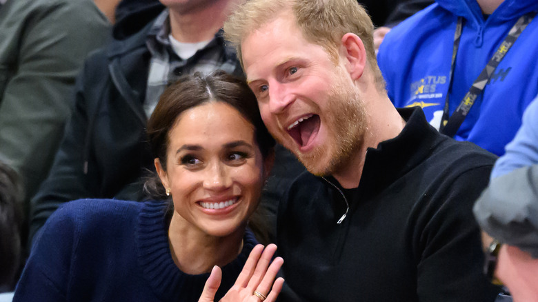 Meghan, Duchess of Sussex and Prince Harry, Duke of Sussex attend the wheelchair basketball during day one of the 2025 Invictus Games at the Vancouver Convention Centre on February 09, 2025 in Vancouver, British Columbia.