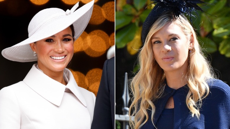Split image of Meghan Markle and Chelsy Davy wearing fancy hats