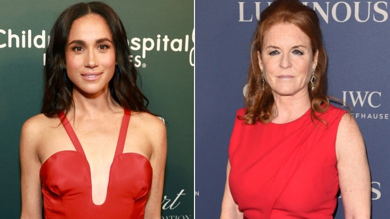 A split image of Meghan Markle and Sarah Ferguson posing for photos in red dresses