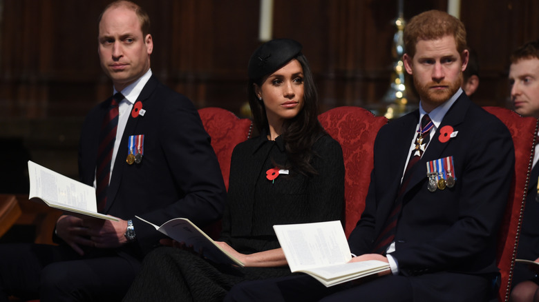 Meghan Markle seated between Prince William and Prince Harry