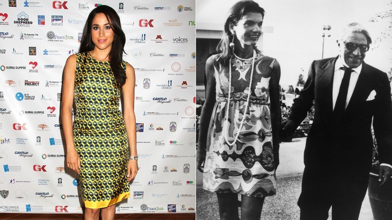 split screen of Meghan Markle smiling and Jackie Kennedy Onassis and Aristotle Onassis smiling
