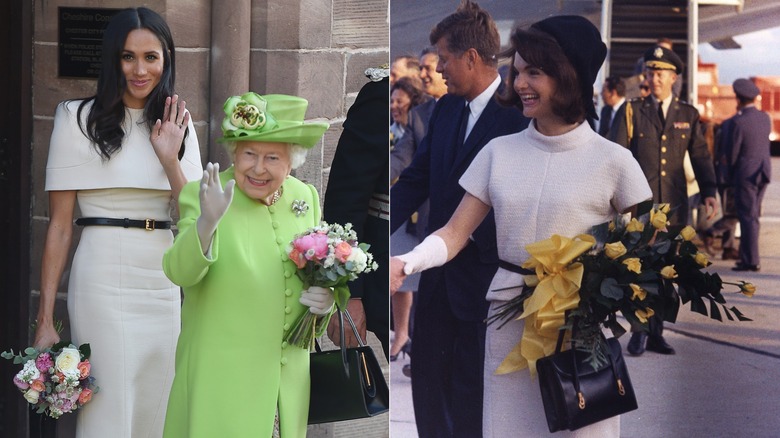 split screen of Meghan Markle and Queen Elizabeth smiling and waving and Jackie Kennedy and John F Kennedy smiling and shaking hands