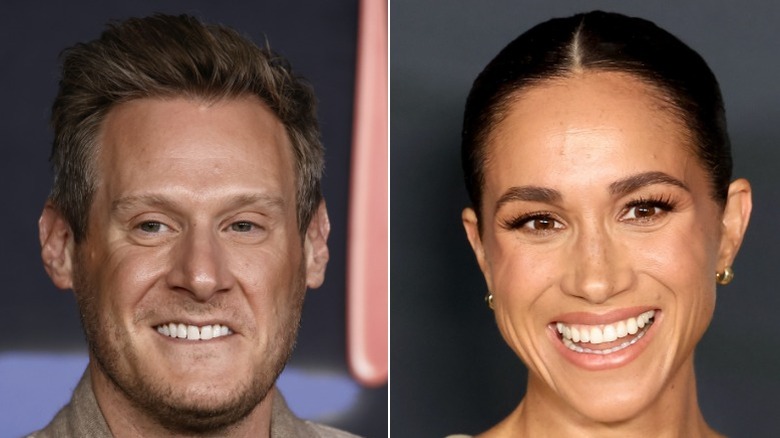 Split image of Trevor Engelson and Meghan Markle posing at events