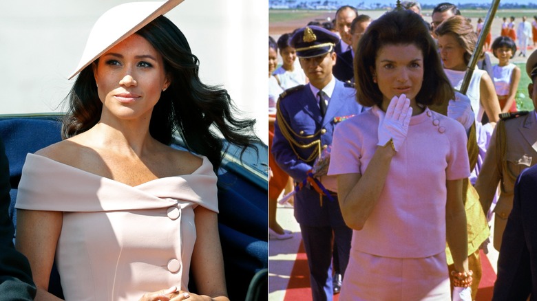 split screen of Meghan Markle looking thoughtful and Jackie Kennedy looking thoughtful