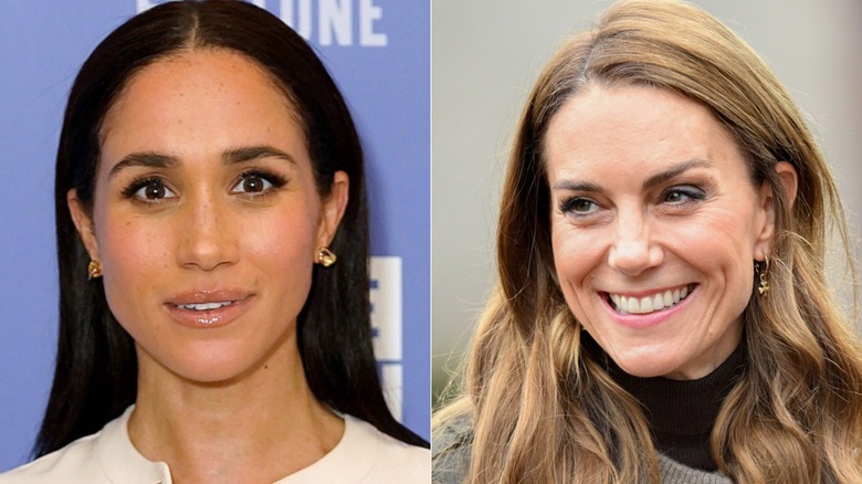 Closeup split image of Meghan Markle and Princess Catherine in 2025