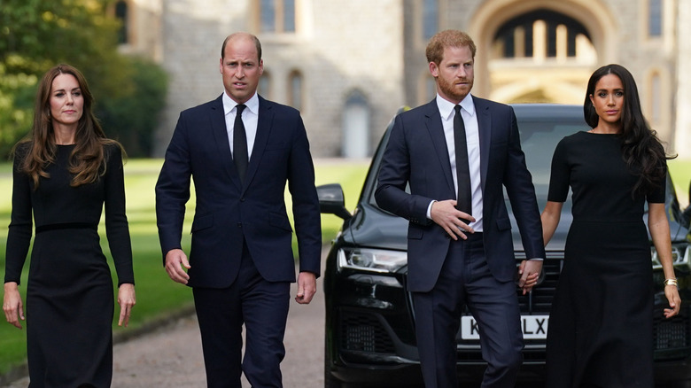Princess Catherine, Prince William, Prince Harry, and Meghan Markle at walkabout for Queen Elizabeth