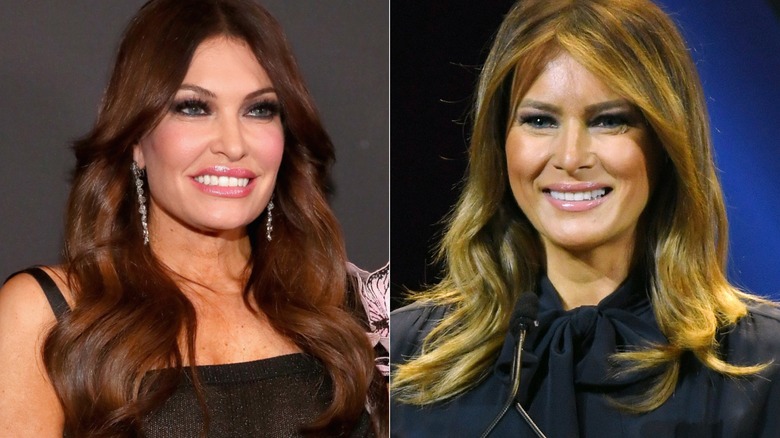 Left: Kimberly Guilfoyle smiling, looking left, Right: Melania Trump smiling, looking right
