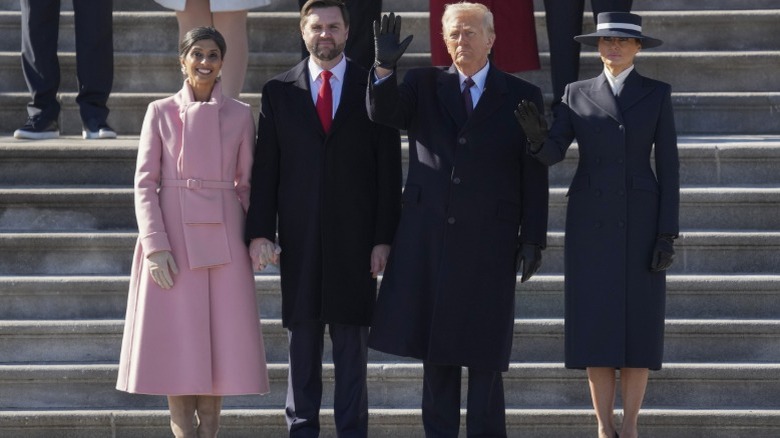 Usha Vance, JD Vance, Donald Trump, and Melania Trump standing in a line in front of steps