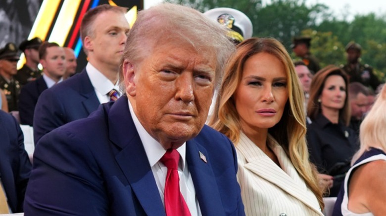 Donald Trump and Melania Trump look on during the Army's 250th celebration parade in Washington, DC (2025)