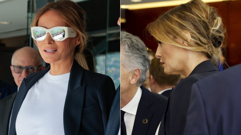 Split image of Melania Trump in sunglasses & a photo of her profile at the final match of the FIFA Club World Cup at MetLife Stadium on July 13, 2025