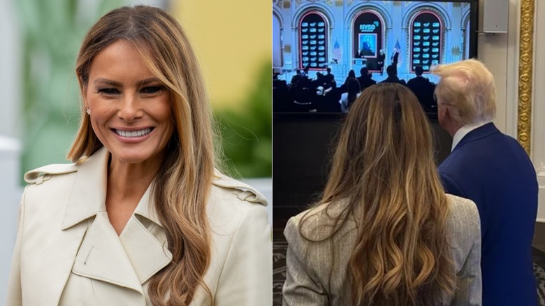 Split image of Melania Trump smiling (left) & Melania and Donald Trump watching TV in a photo shared by JD Vance to social media in December 2024