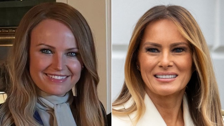 Split image of Malin Akerman and Melania Trump smiling