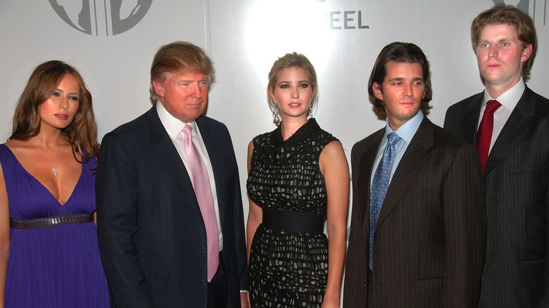 Melania Trump, Donald Trump, Ivanka Trump, Donald Trump Jr. and Eric Trump attend the worldwide launch of the Trump International Hotel & Tower Dubai on June 23, 2008 at The Park Plaza in New York (2008)