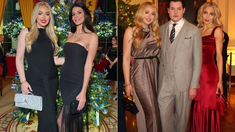 Tiffany Trump black gown on the left and in a gray plaid dress on the right in two Christmas photos