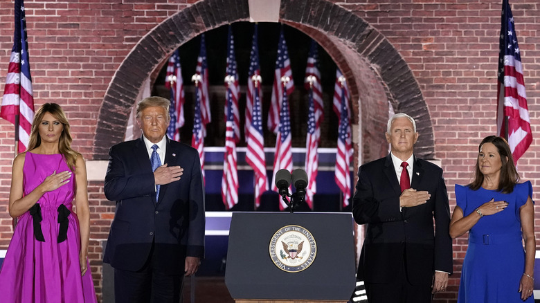 Melania Trump, Donald Trump, Mike Pence, and Karen Pence swearing allegiance