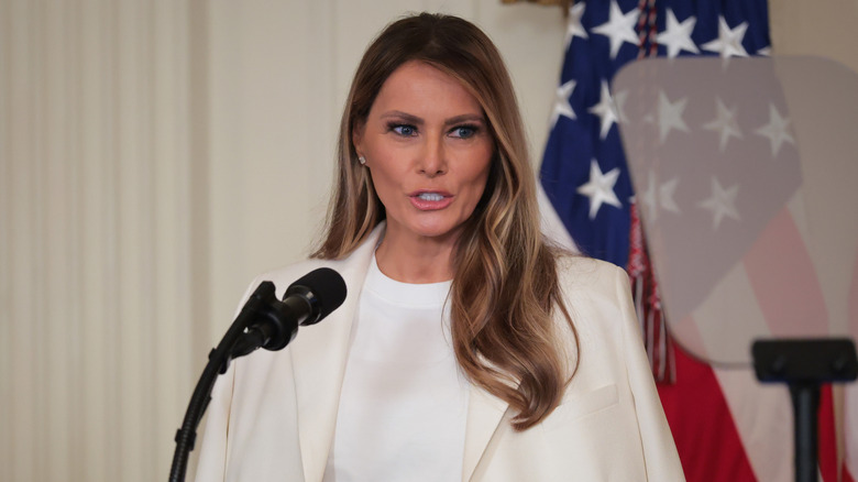 Melania Trump speaking at the unveiling of a Barbara Bush stamp