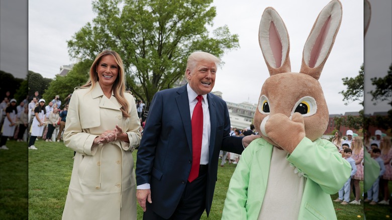 Melania Trump and Donald Trump posing with the 2025 White House Easter Egg Roll Easter Bunny