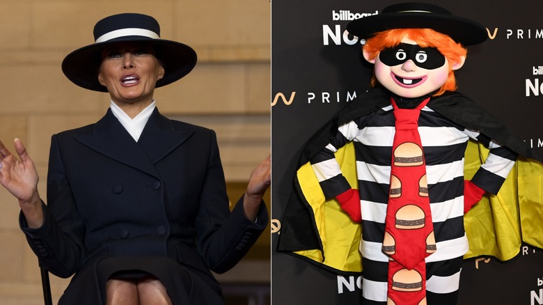 Split image of Melania Trump wearing a black hat at Donald Trump's inauguration and someone in a Hamburglar costume